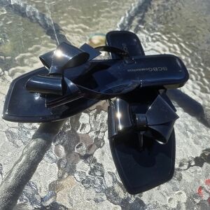 BCBGeneration Glossy Black Sandals with Bow Square Toe